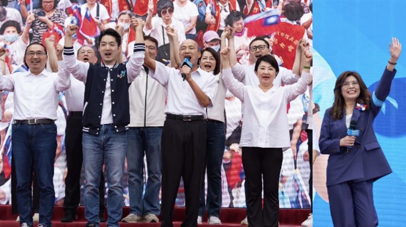 蔣萬安、立法院長韓國瑜、新北市長侯友宜、台中市長盧秀燕合體,但鄭麗文卻只能暖場(組合圖/蔣萬安競總、國民黨提供)