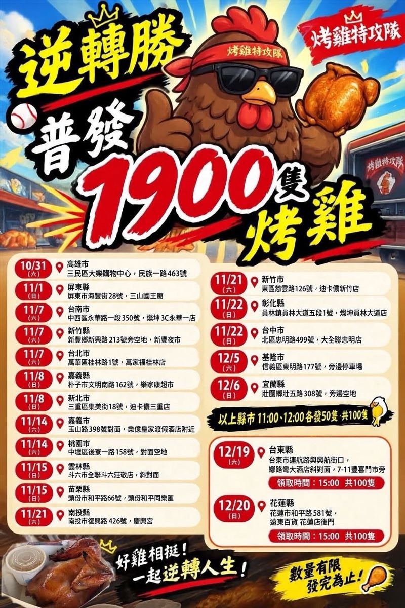 老闆今於臉書公布總計1900隻烤雞的發送時間與地點。(圖/翻攝自烤雞特攻隊臉書)