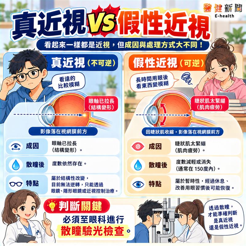 真近視VS假性近視，必須透過眼科醫師進行「散瞳驗光檢查」才能精準判斷。（圖／醫健新聞網提供）