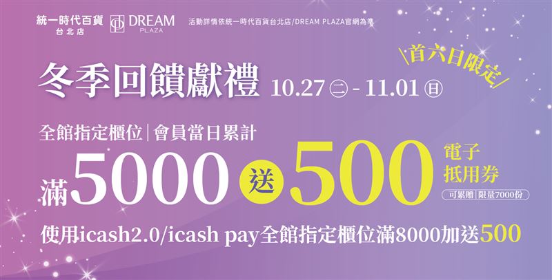 統一時代百貨台北店、DREAM PLAZA「冬時尚」滿5000送500。(圖/統一時代百貨提供)