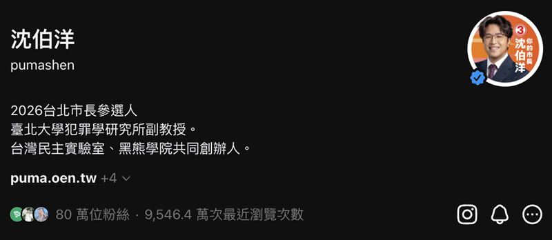 沈伯洋Threads個人檔案上,顯示超過9500萬次「最近瀏覽」。(圖/翻攝自Threads @pumashen)
