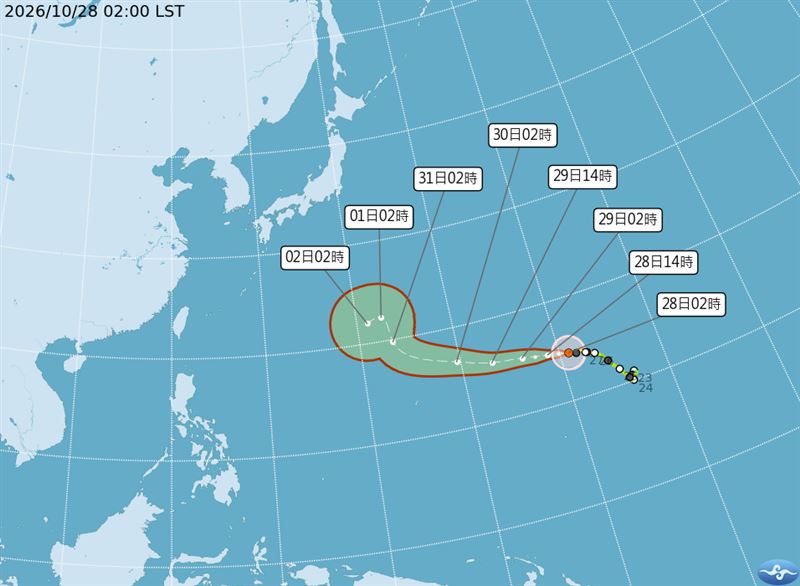 煙花颱風今(28)日有機會升為強颱,氣象署也公布最新路徑預測。(圖/翻攝自氣象署官網)