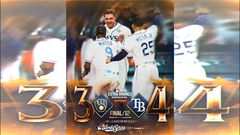 世界大賽G4光芒以4:3逆轉釀酒人。(圖/翻攝自X平台 @MLB)