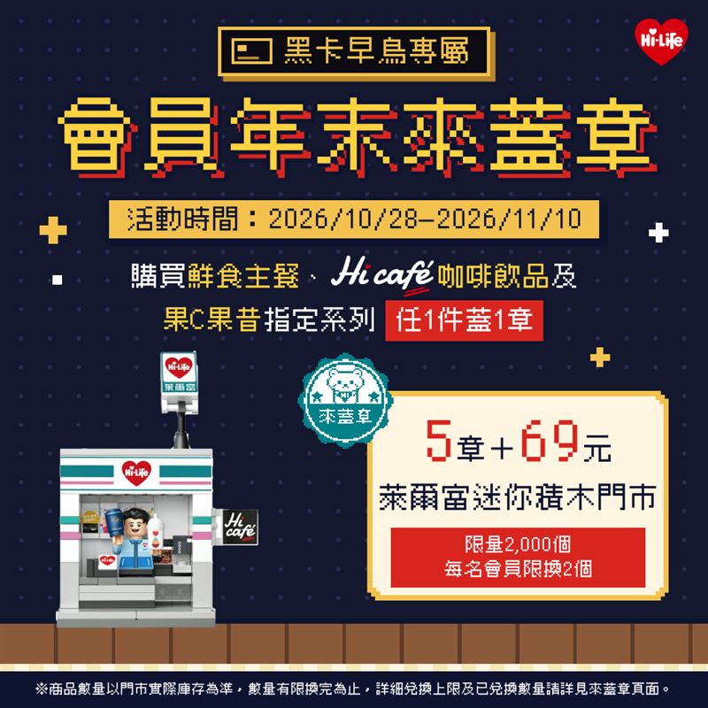 10月28日至11月10日,萊爾富黑卡會員於門市購買任一件指定商品,即可獲得1個印章,蓋滿5個印章,再加價69元,即可兌換「萊爾富迷你積木門市模型」一組。(圖/品牌業者提供)