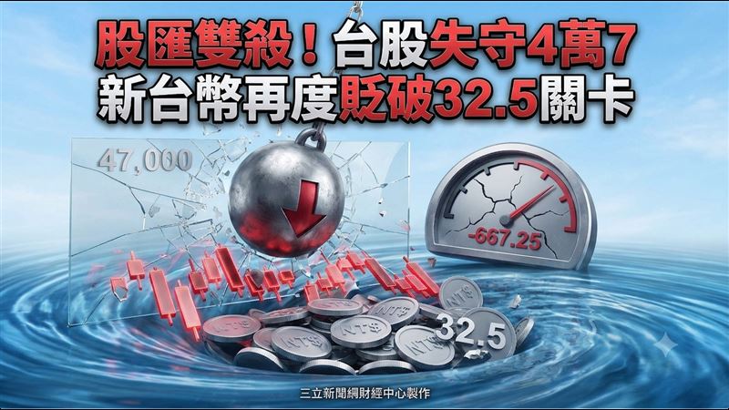 外資提款爆融資賣壓！台股29日失守4萬7，新台幣跌破32.5元呈現股匯雙殺。（圖／AI製圖）