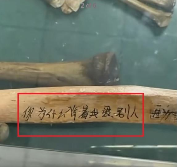 醫學生在實訓課的骨骼標本上以筆寫下「你為什麼背著我愛別人」等輕佻字句。(圖/翻攝自微博)