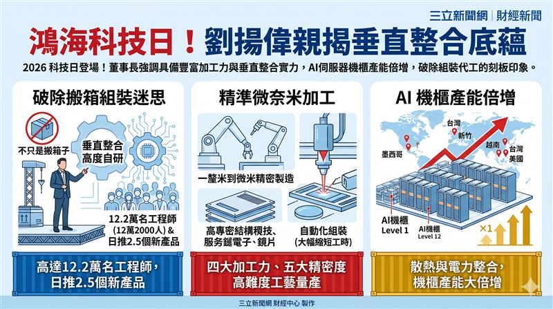 鴻海科技日登場，董座劉揚偉強調具備豐富加工力與垂直整合實力，AI伺服器機櫃產能倍增，破除外界單純組裝代工的刻板印象。（AI製圖）