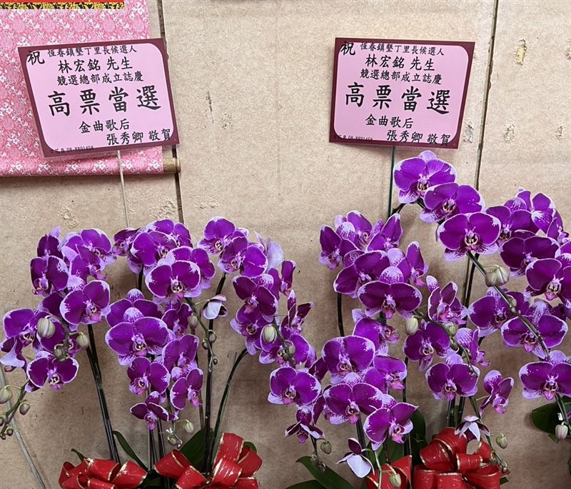 張秀卿送花祝福參選墾丁里里長的林宏銘「高票當選」。(圖/林宏銘 提供)