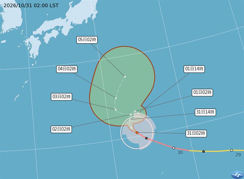 煙花颱風路徑狂打轉,未來將二次轉向北上。(圖/氣象署)