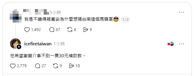 黃智賢開酸蔣萬安猛提台南,是想要讓謝龍介拿不到選舉補助款,即幫謝龍介敗票。(圖/黃智賢Threads)